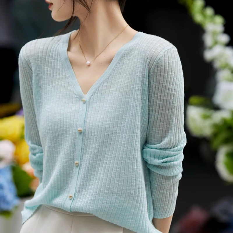 Summer Cool Bamboo Yarn V-neck Ice Silk Air Conditioning Shirt Lightweight Sunshade Knit Cardigan Thin