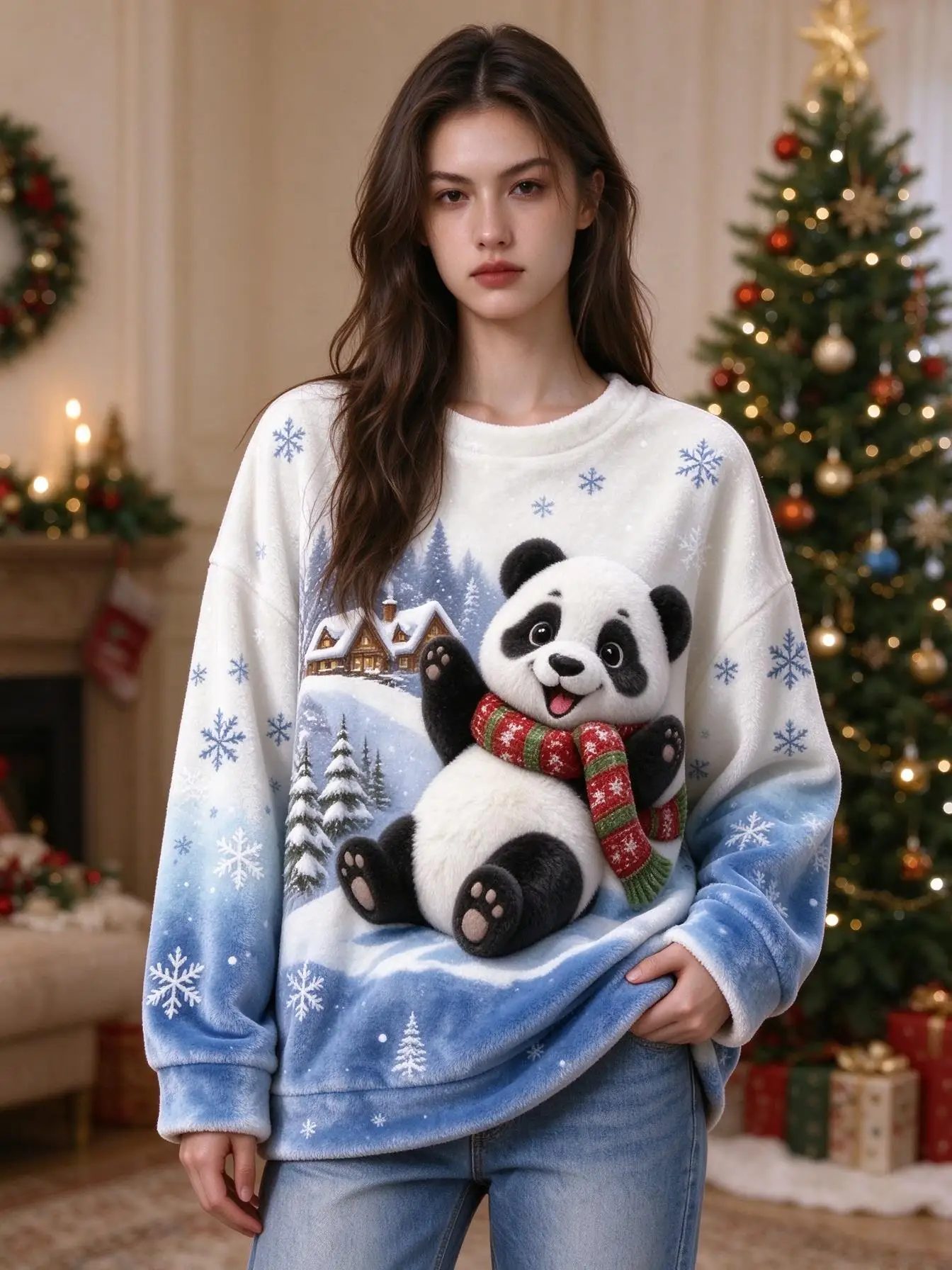 Blue Gradient Arctic Animal Christmas Graphic Women Round Neck Flannel Sweatshirt Loose Casual Long Sleeve Pullover
