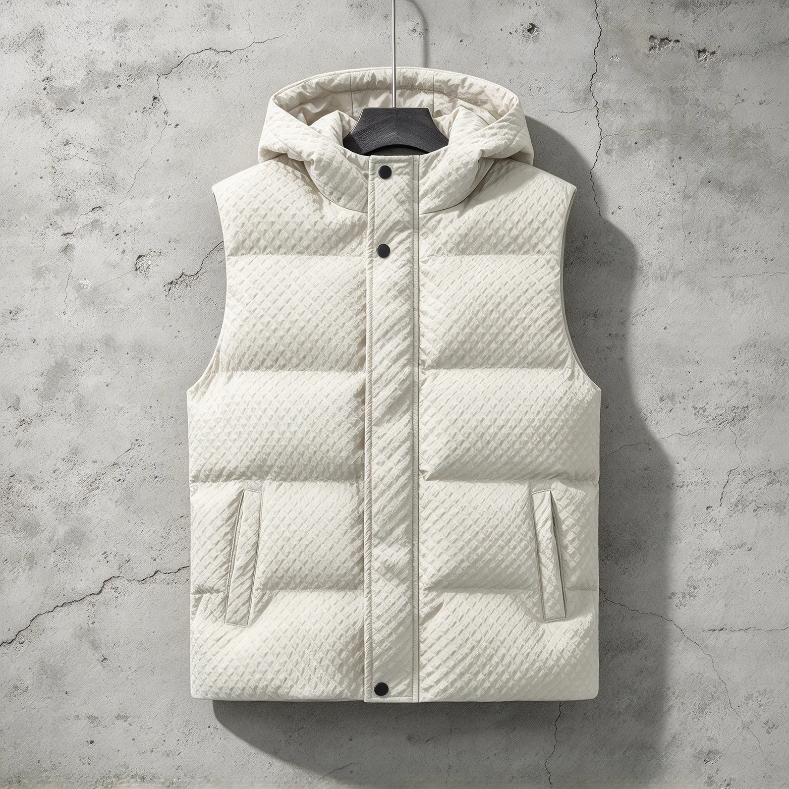 Men Hooded Padded Gilet Diamond Embossed Texture Sleeveless Cotton Vest Winter Warm Zip Up Waistcoat Outdoor WindproofSleeveless