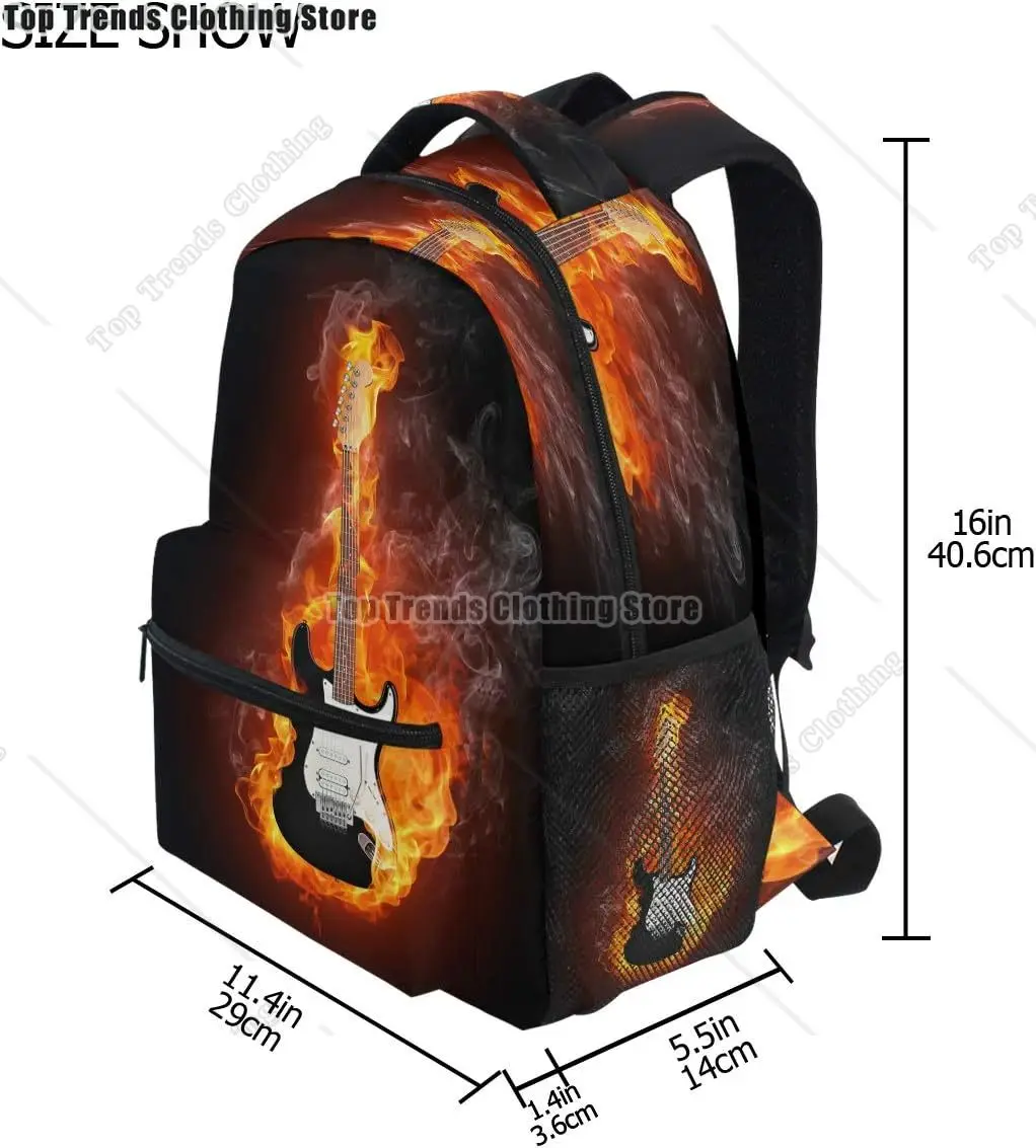 حقيبة ظهر للسفر مطبوعة على شكل جيتار كهربائي من Fire Flames لحقيبة الكتب المدرسية المقاومة للماء
