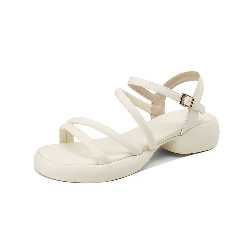 Summer casual nappa texture open toe flat heel simple round head side hollow one-line buckle women's sandals