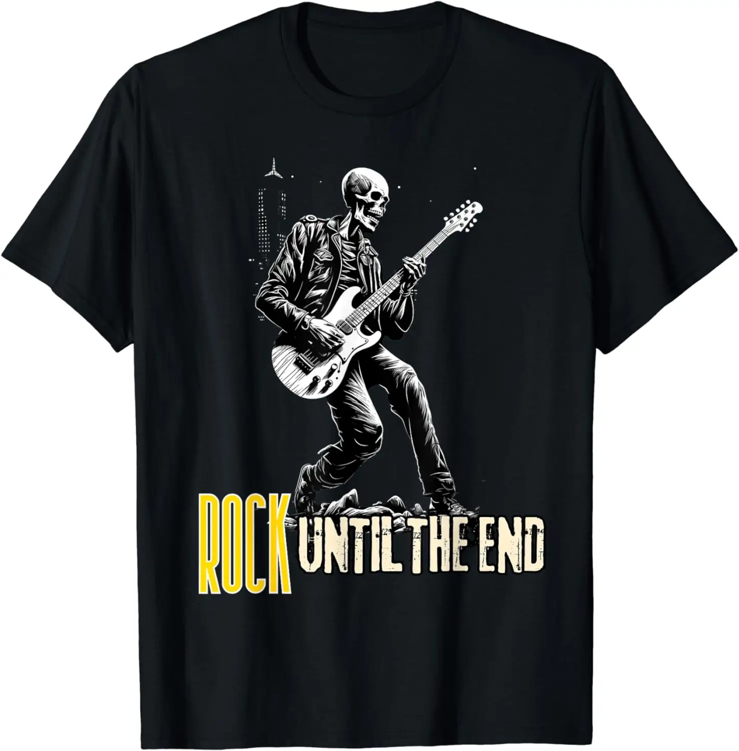 Rock Until The End with Skeleton Edgy Music Lover's Tee T-Shirt for Men Women Unisex Cotton Short Sleeve Comfortable