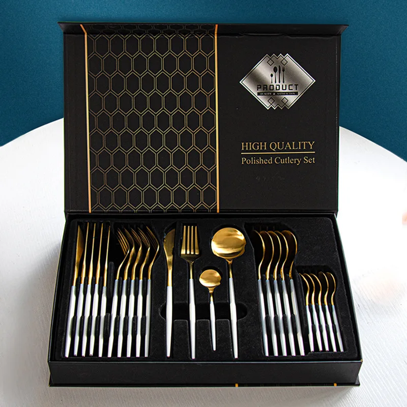 24Pcs Gold Plated 304 Stainless Steel Cutlery Set Knife Fork Spoon Gift Box