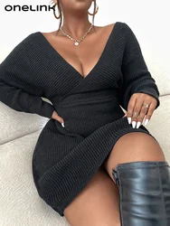 ONELINK  Sexy Deep V Neck Collar & Blackline Solid Black Wrap-Over Top Long Sleeves A-line Plus Size Women'S Sweater Mini Dress