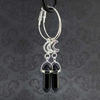 Black Onyx Gothic Hoop Earrings with Silver Plated Moon Gothic Earrings Crystal Charm Celestial Wiccan Jewellery