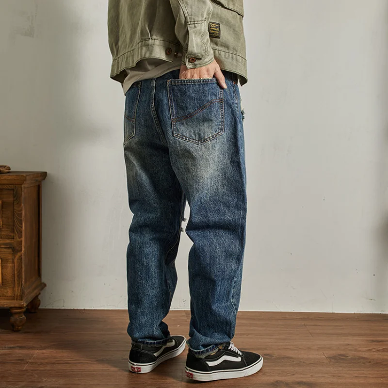 جينز ممزق مخصص للرجال، ساق مستقيمة فضفاضة، سراويل جينز واسعة الساق رائعة وعصرية للشارع
