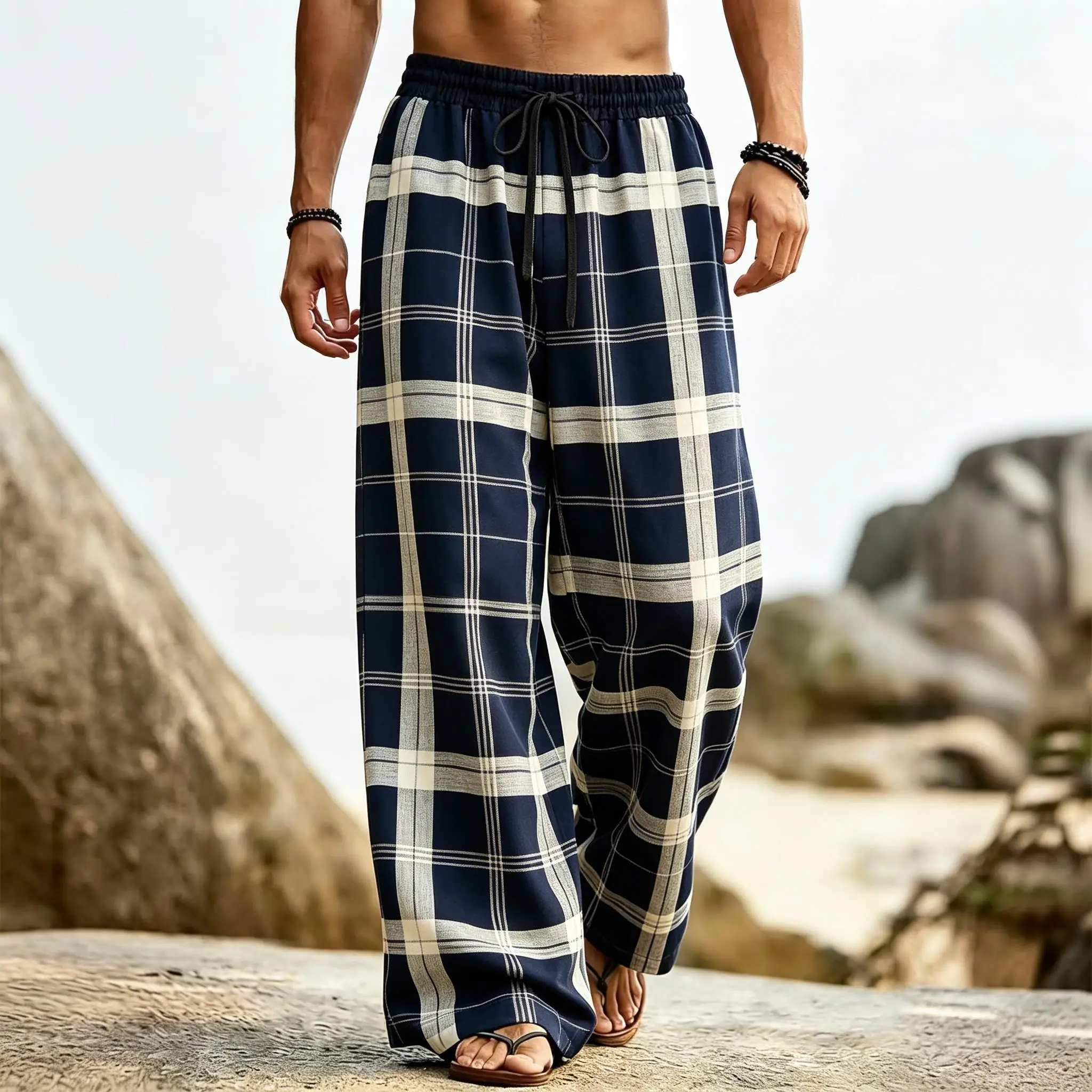 

Men's Classic Navy Plaid Print Drawstring Wide Leg Pants, Loose Casual Trousers For Spring Summer Beach & Daily Wear
