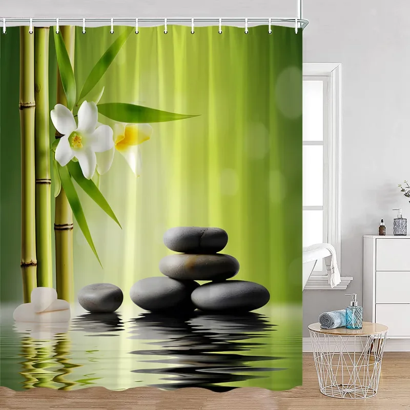 Zen Shower Curtains Black Stone Green Bamboo Lotus Spa Candle Purple Orchid Natural Leaf Bathroom Curtain Meditation Bath Decor