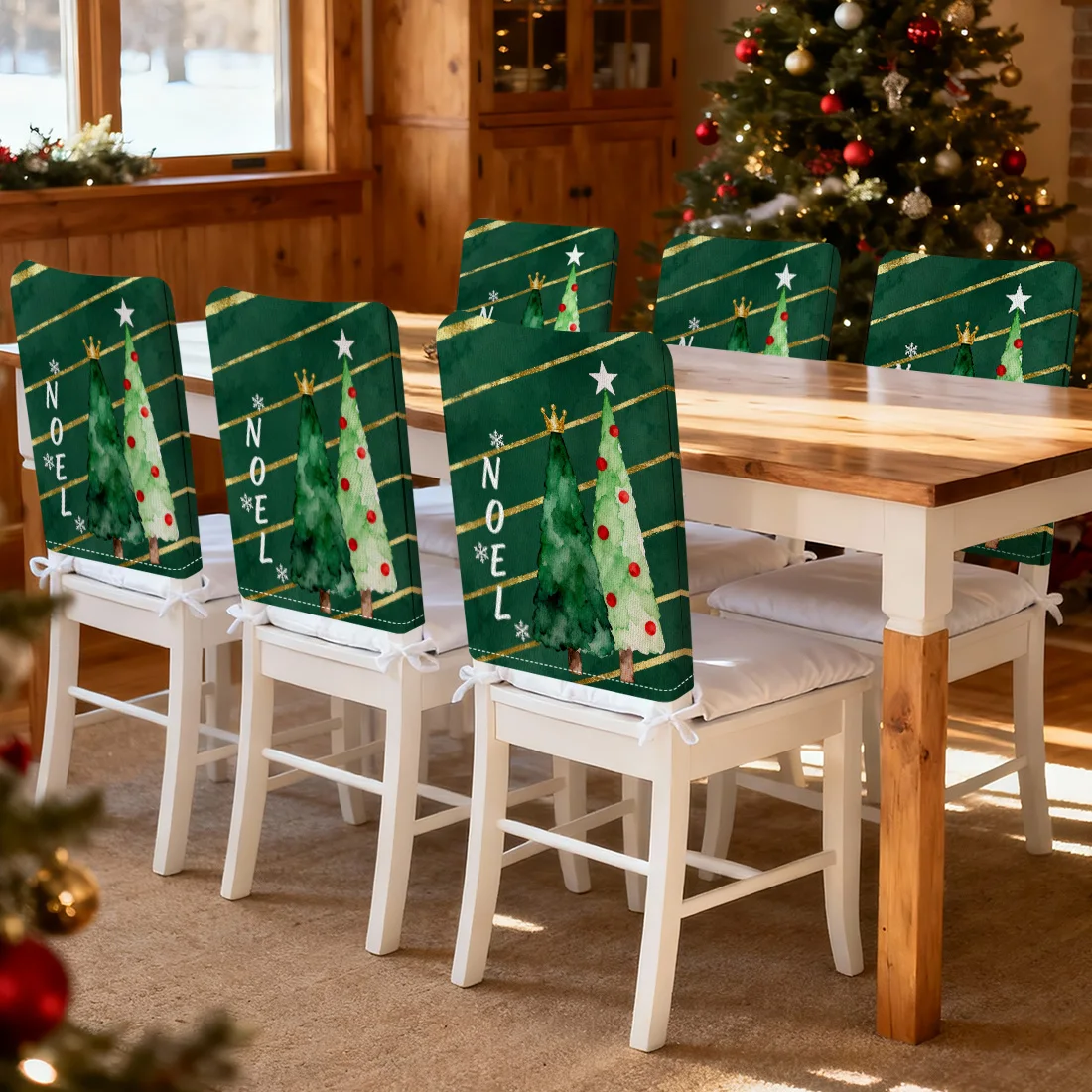 Dark Green Christmas Tree Chair Cover Slipcovers Set of 2/4/6 100% Polyester Dining Room Office Banquet Chair Protective Cover