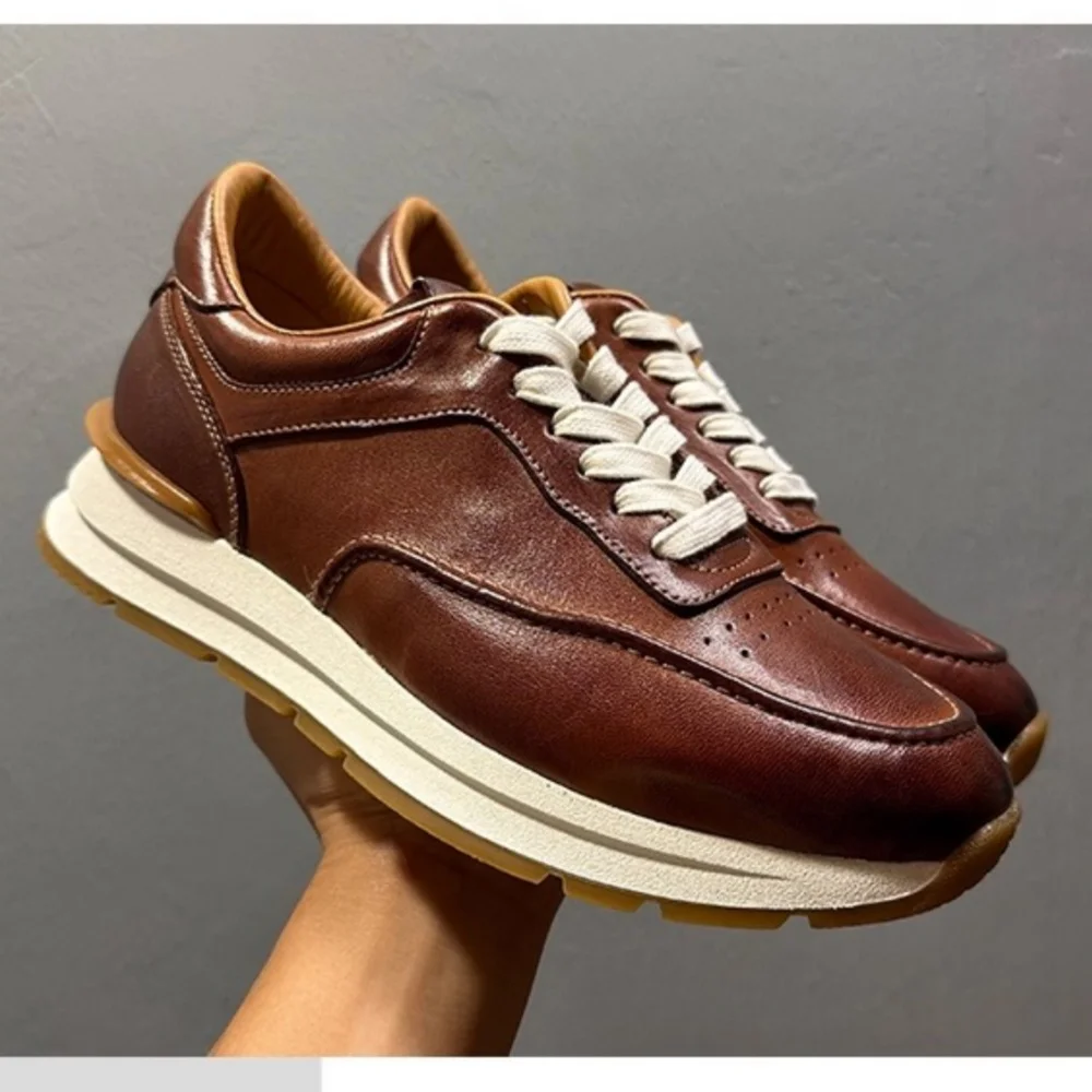 

QHCCID Men's Handmade Genuine Leather Casual Shoes Classic Breathable Trendy Sports Leisure Board Shoes Horsehide Material