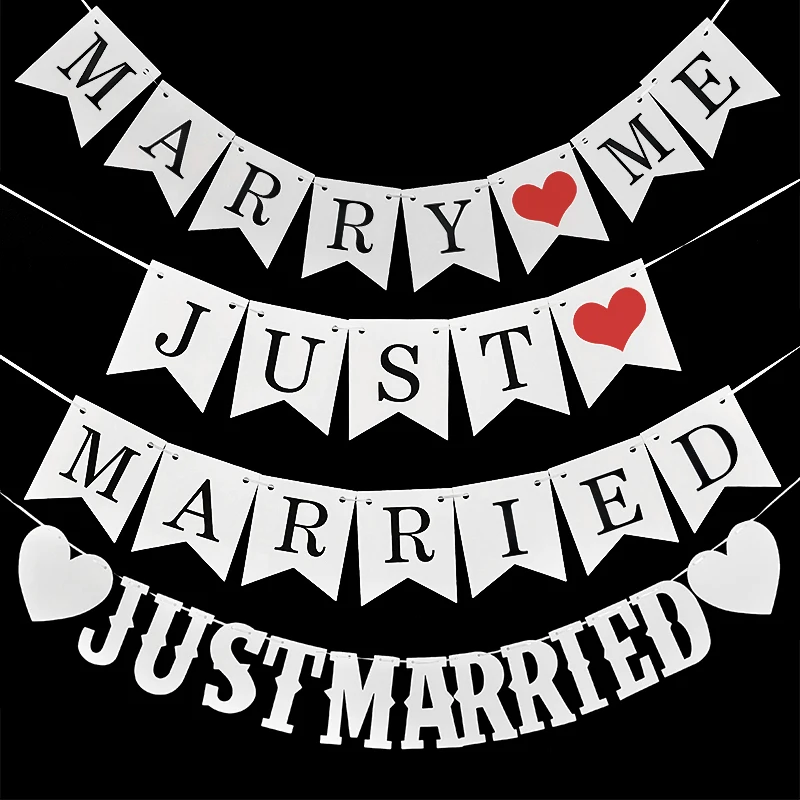 White Just Married Paper Garland Vintage Marry Me Letter Bunting Banner Wedding Party Photo Props Bridal Shower Chair Table Deco