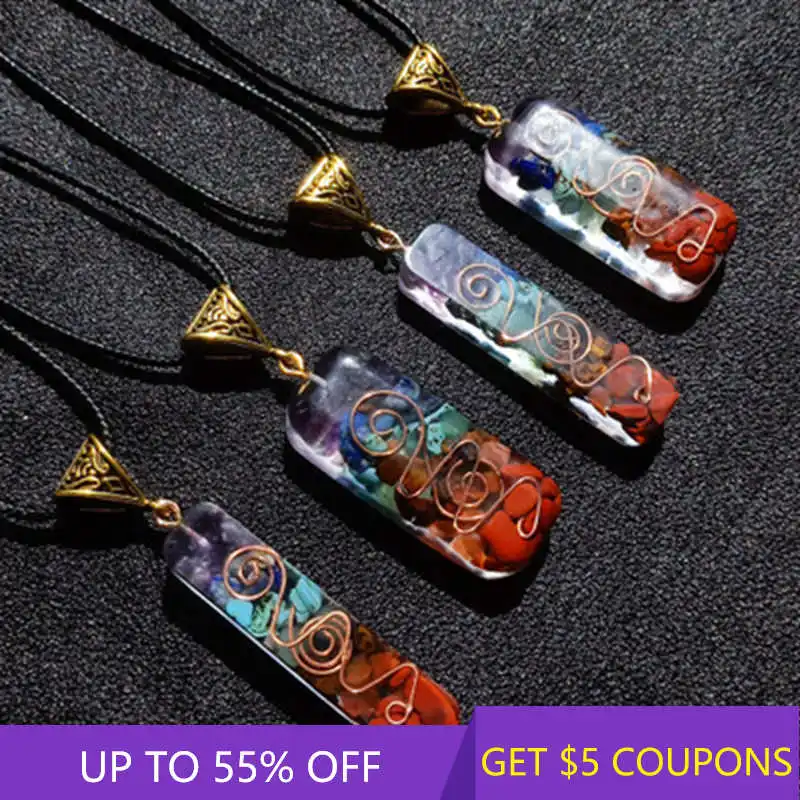 7 Chakra Healing Crystal Orgone Energy Pendant Necklace Natural Colorful Chips Stone Orgonite Quartz Pendulum Amulet Reiki Gift