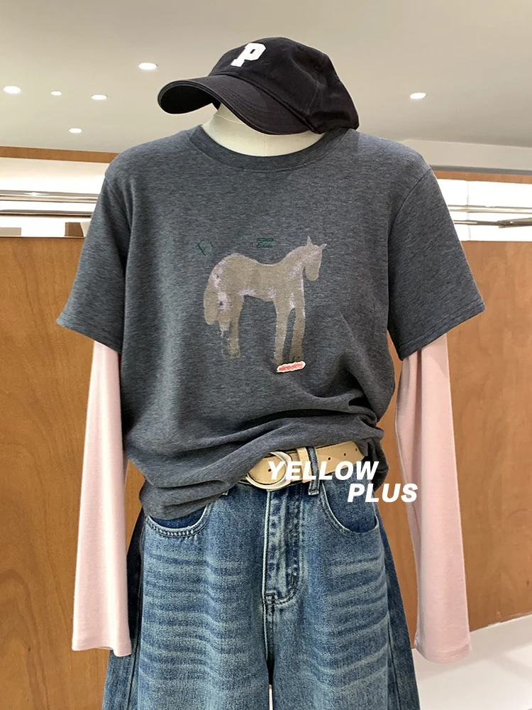 

Американская футболка с принтом и длинными рукавами, женская свободная облегающая футболка с круглым вырезом, весенне-осенняя, повседневная, удобная