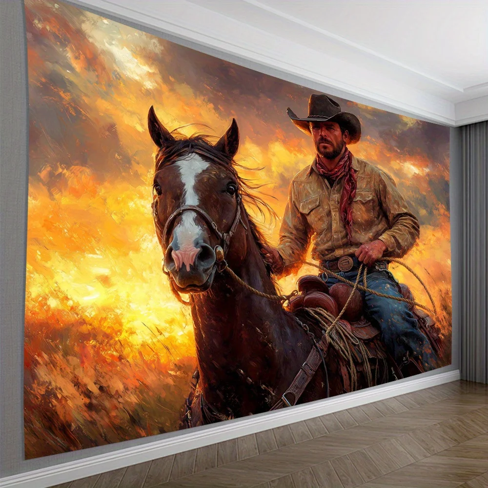 Cowboy riding horse sunset landscape western art oil painting rustic decor man and horse wall mural country style homedecoration