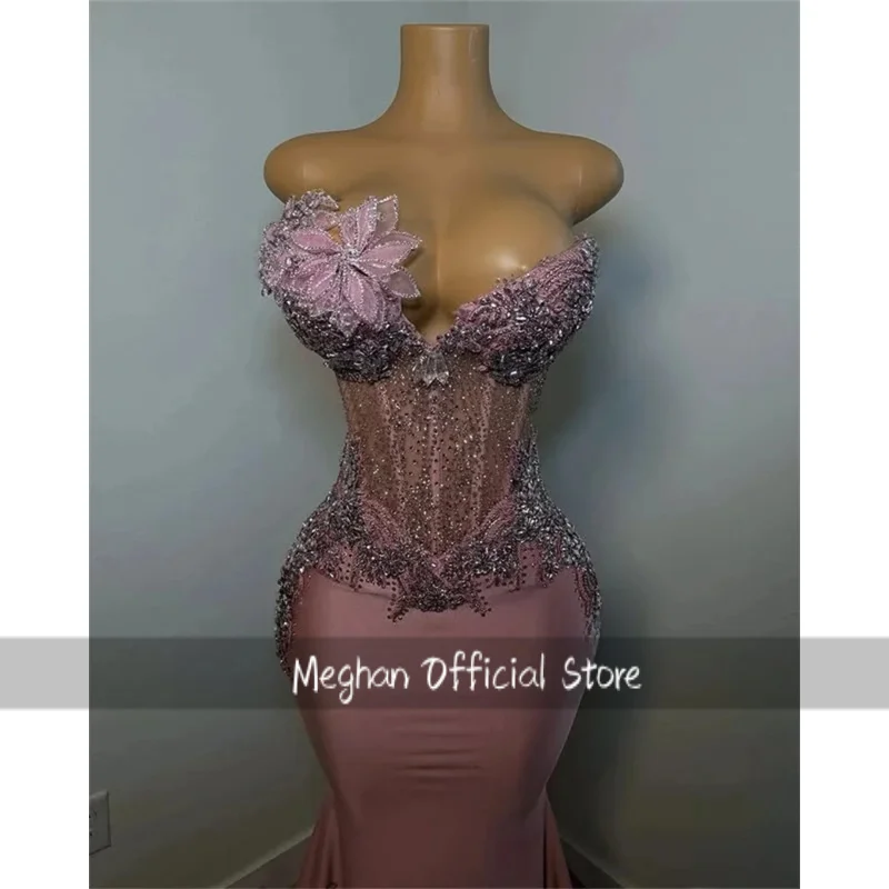 Rosa longo vestidos de baile brilhante frisado cristal vestido de noite 3d flores vestidos de festa de aniversário personalizado robe de bal