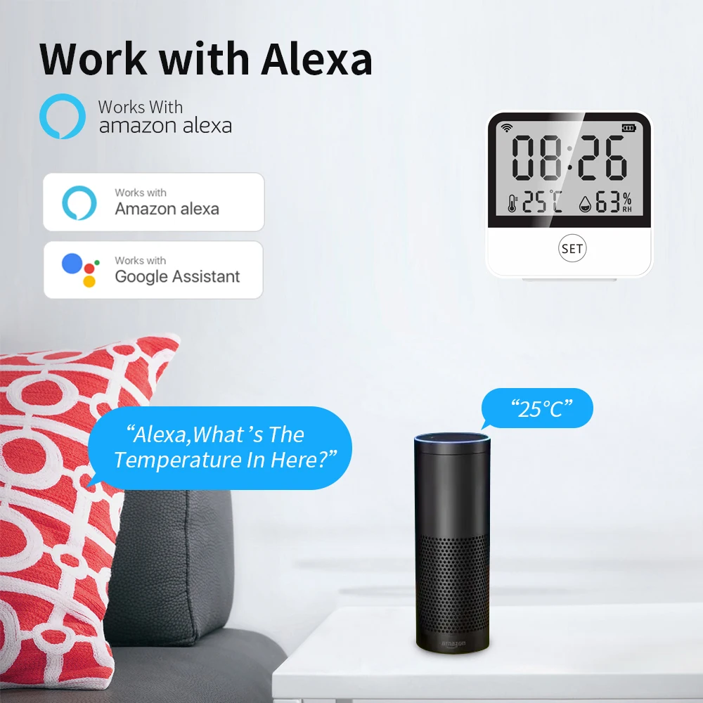 Tuya Smart WiFi Sensor de Temperatura e Umidade, Higrômetro Interno, Termômetro, Display LCD, Suporte Alexa, Assistente do Google
