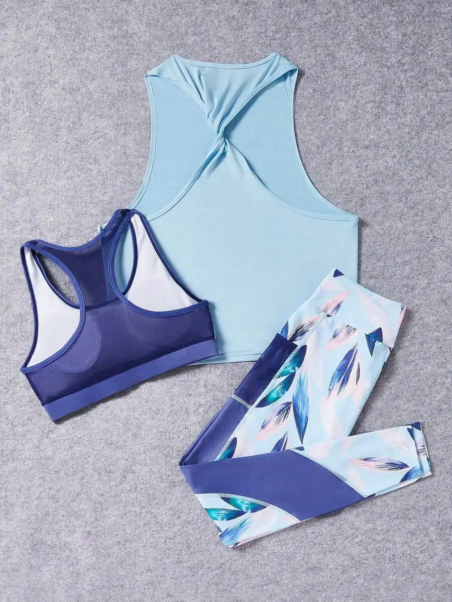 

Womens Printed Racerback Sports Bra High Waisted Leggings Twisted Back Tank Top Athletic Set