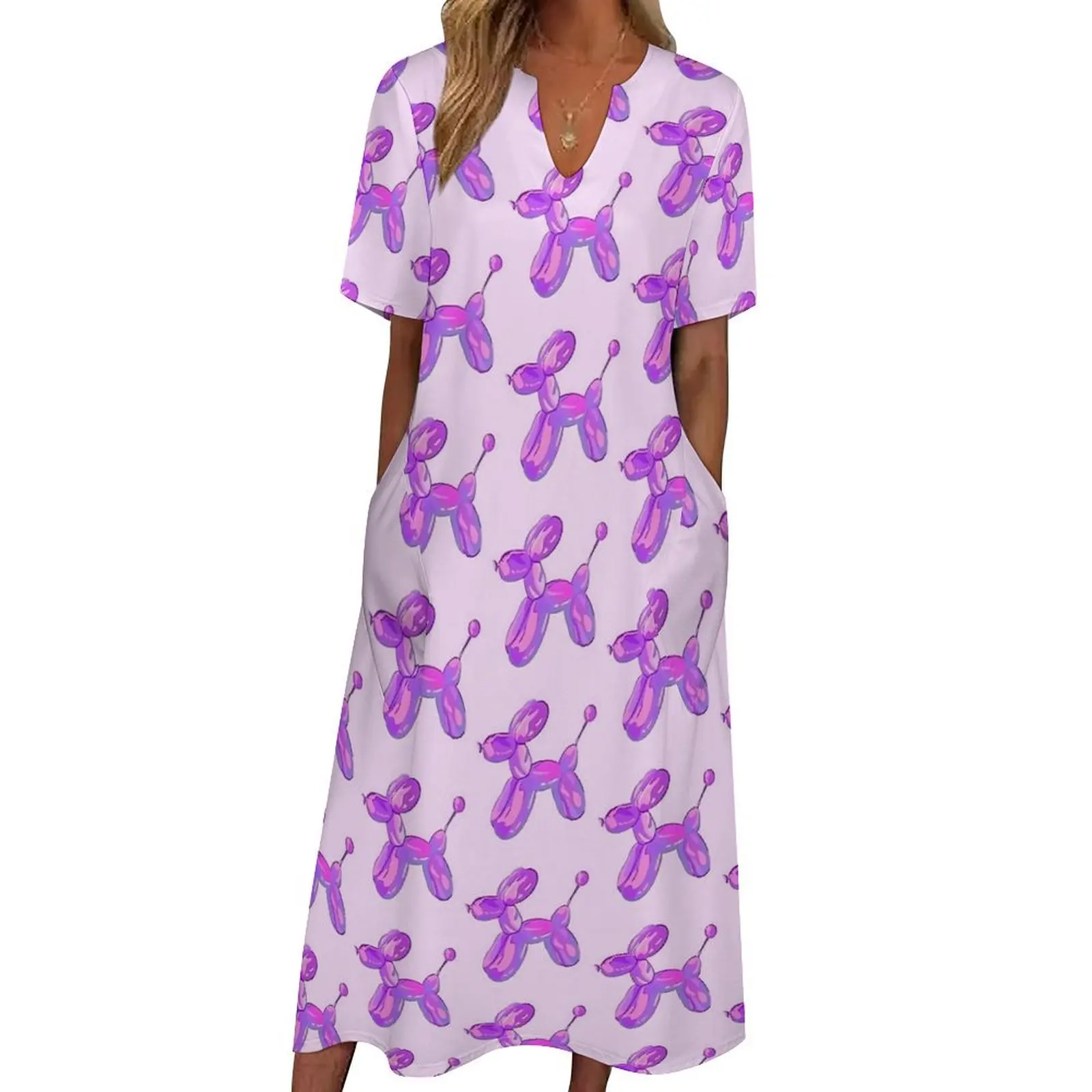 3d Purple Balloon Dogs Dress  Party Maxi Dress Street Wear Boho Beach Long Dresses Summer V Neck Graphic Vestido Large Size