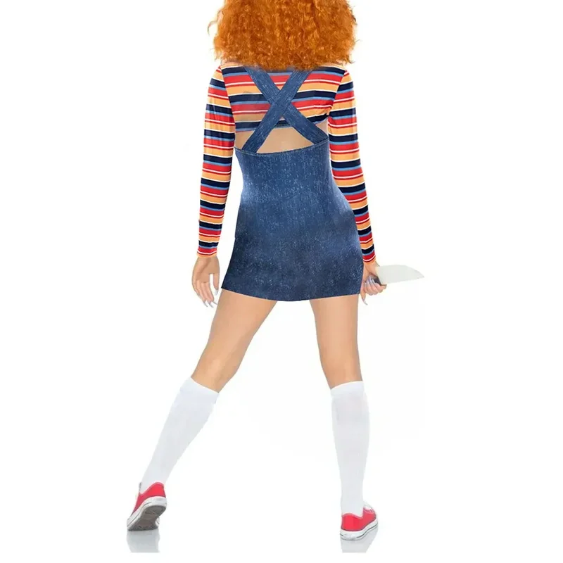 MN1 Women Scary Nightmare Killer Doll Wanna Play Movie Character Bodysuit Chucky Doll Costume Cosplay Jumpsuit9*Jy