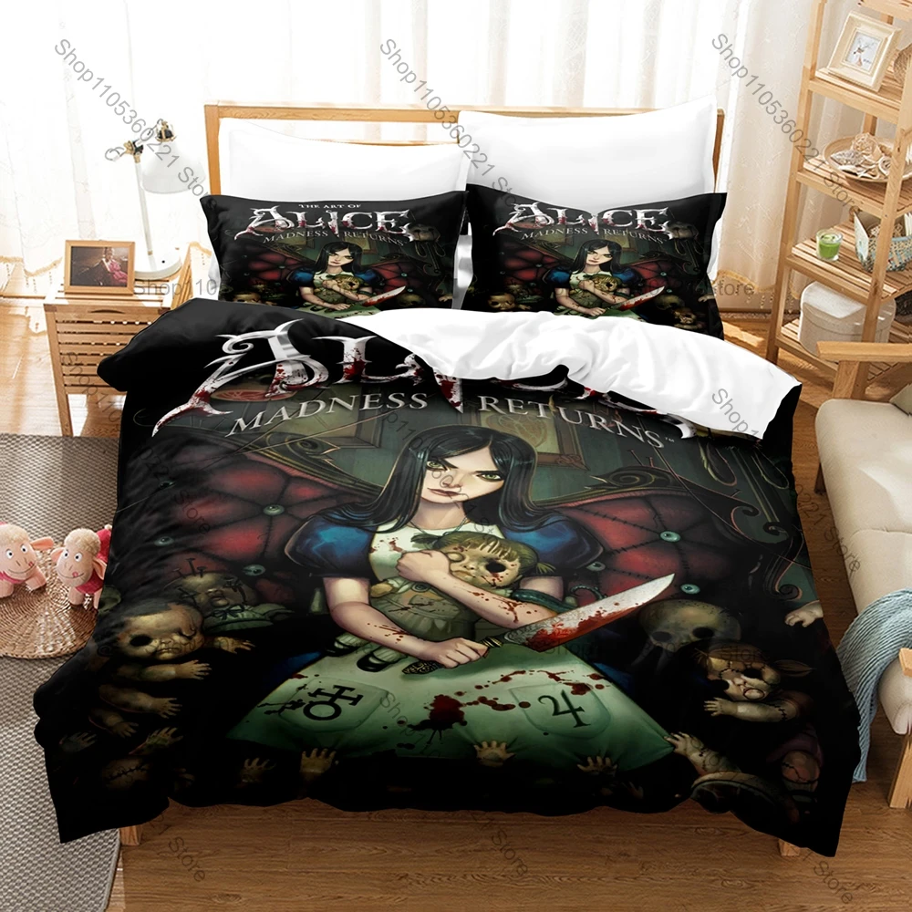 Alice Madness Returns Bedding Set 3PCS Duvet Cover Pillowcase Dark Fantasy Game Theme Bed Set Single Twin Full Queen King Size