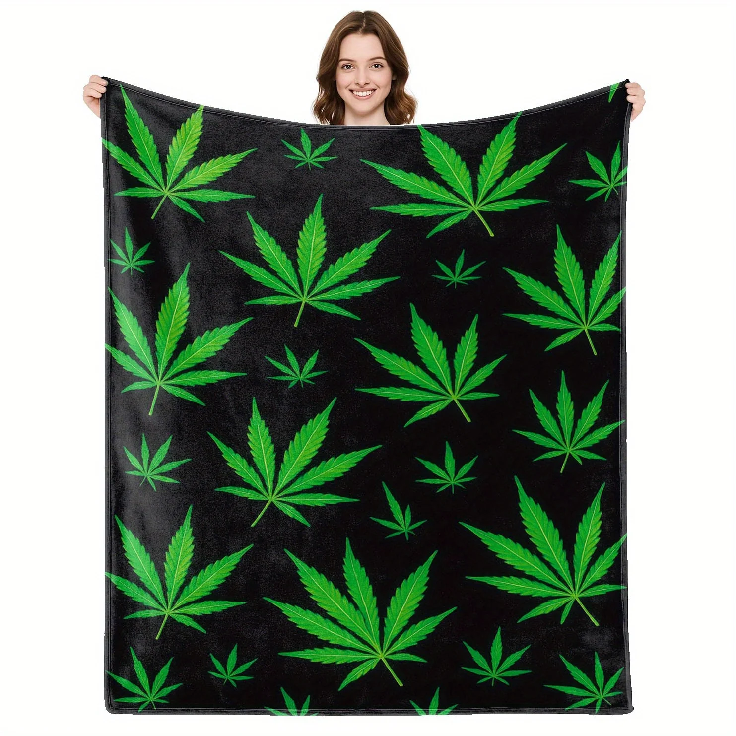 Green Leaf Print Throw Blanket Botanical Weed Design Soft Flannel Fleece Bedspread For Dorm Room Couch Sofa Decor