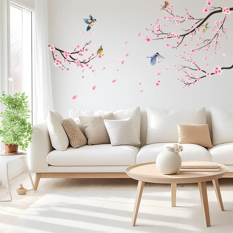 Contemporary Cherry Blossom Wall Decals with Birds – 2PCS PVC Crystal Embellished Flower and Bird Mural Stickers, Detachable Sem