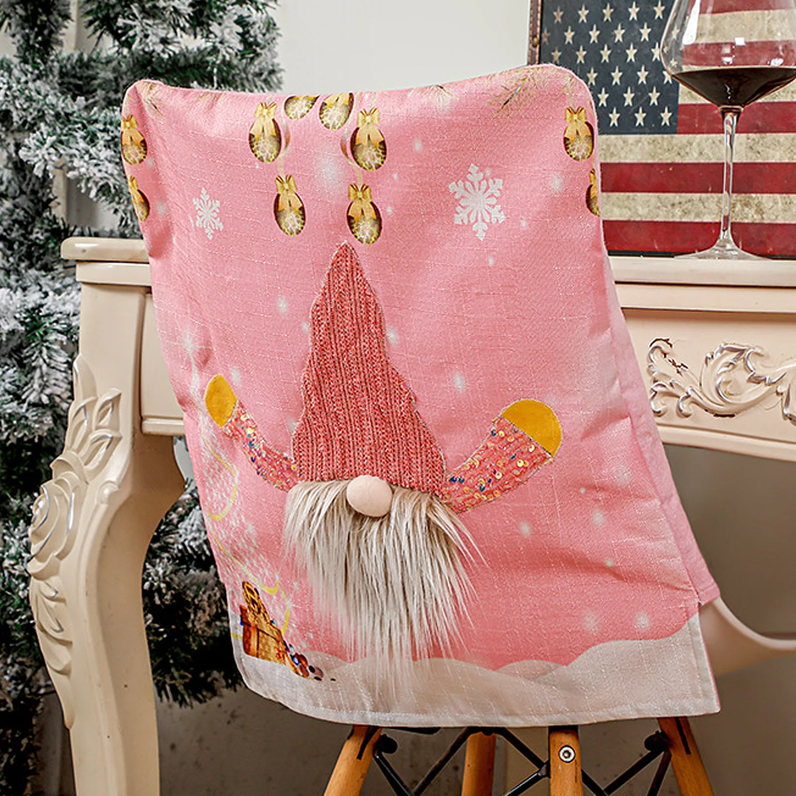 식당용 크리스마스 의자 커버, 핑크 창의력 루돌프 패턴, LED 조명 만화 장식, 1PC