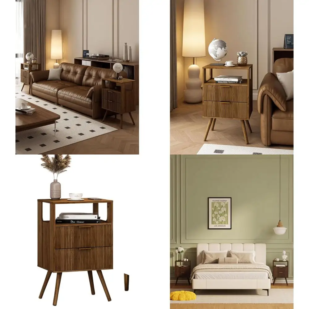 

Walnut Modern Nightstand with 2 Drawers and Open Shelf for Bedroom, Ideal for Small Spaces