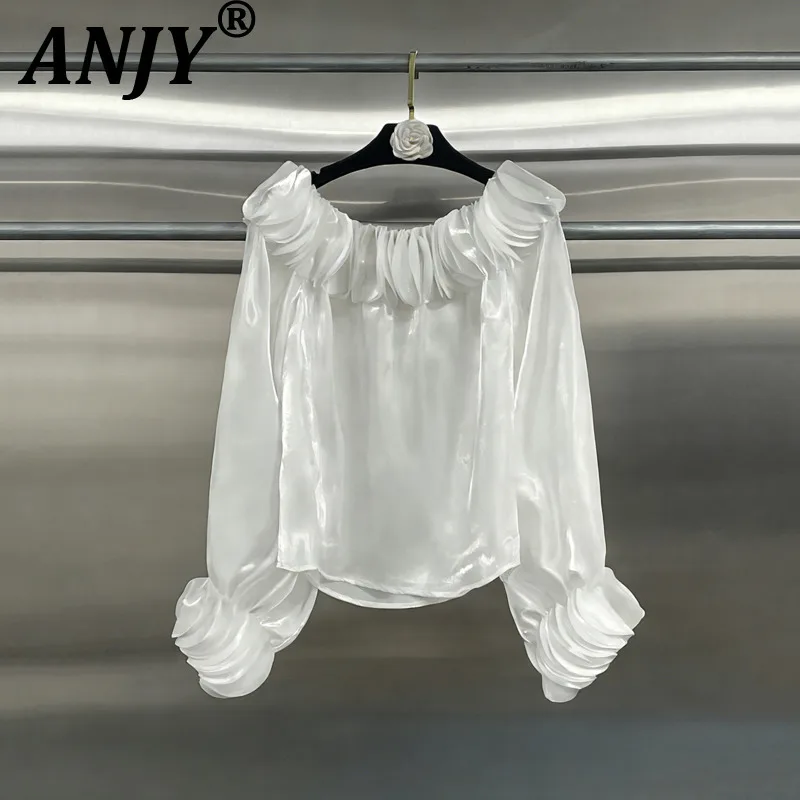 

ANJY Новая женская элегантная высококачественная блузка с вырезом-лодочкой, облегающая, с пэчворком, однотонная, модная повседневная рубашка-пуловер A19580