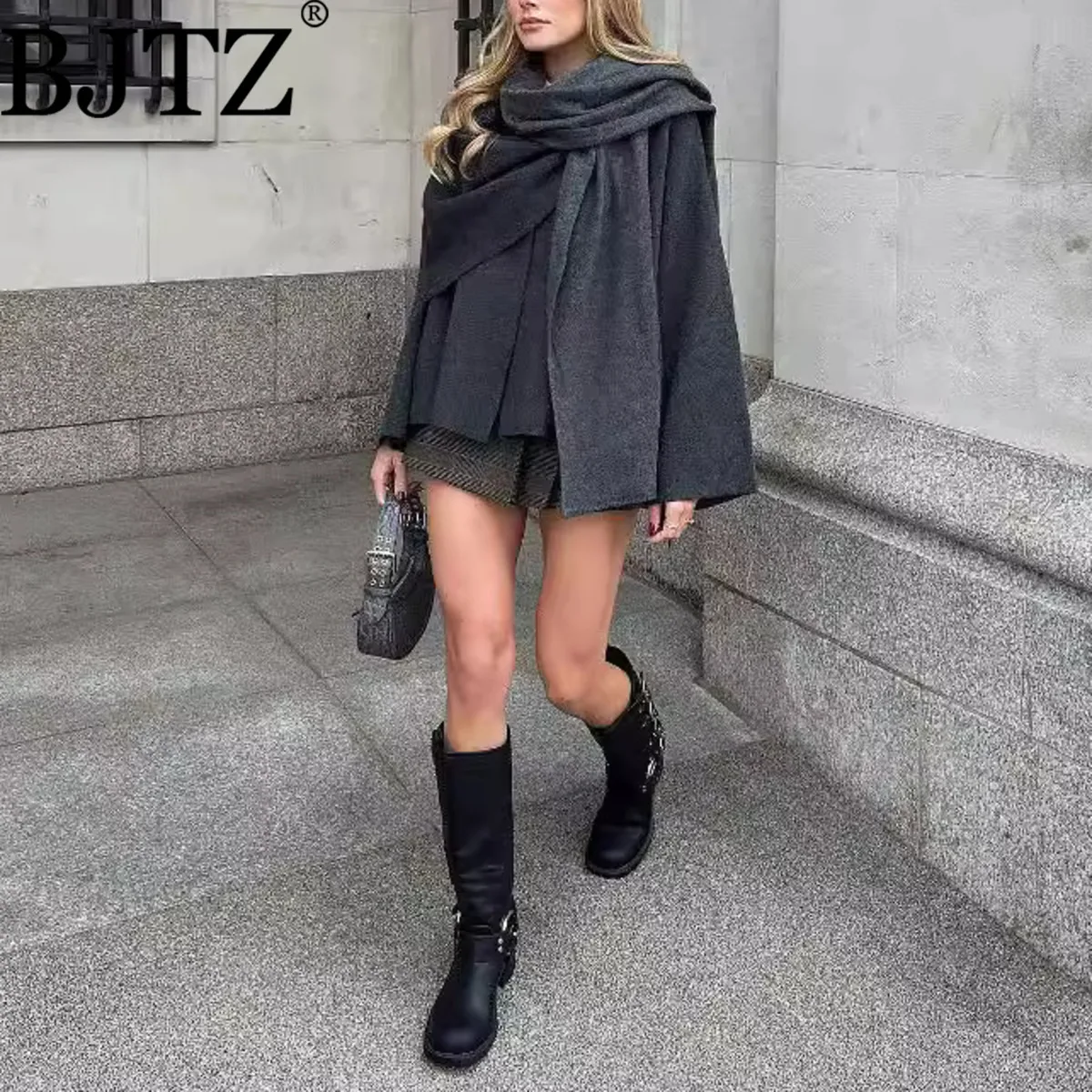 

BJTZ 2025 New Women Asymmetric Scarf Collar Short Knit Cardigan Autumn Winter Warm Cozy Long Sleeve Fashion Outerwear Jacket