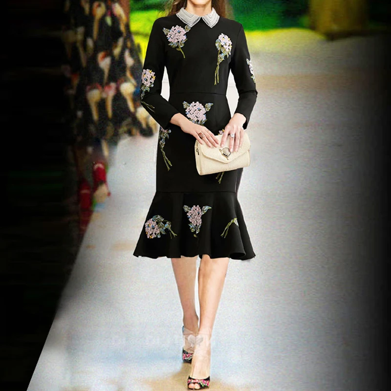 

Qian Han Zi-Long Sleeve Embroidered Dress for Women, Slim Mermaid Party Dress, Lapel, Crystal Flower, New Designer Fashion