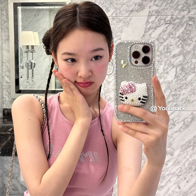 Kawaii Cartoon Sanrios Mobile Phone Case Applicable 15Promax Iphone16Pro Hello Kittys Full Diamond Three-Dimensional Girl Gift