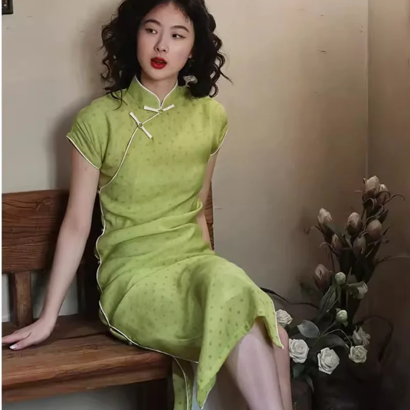 Women Sexy Qipao Stain Print Evening Party Dress Mandarin Collar Chinese Dress Vintage Button Polka Dot Vestidos Plus Size 3Xl