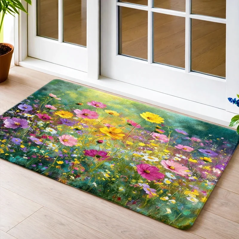 Vibrant Watercolor Floral Garden Meadow Area Rug Colorful Spring Flower Runner for Living Room Hallway Bohemian Cottage Style Ho