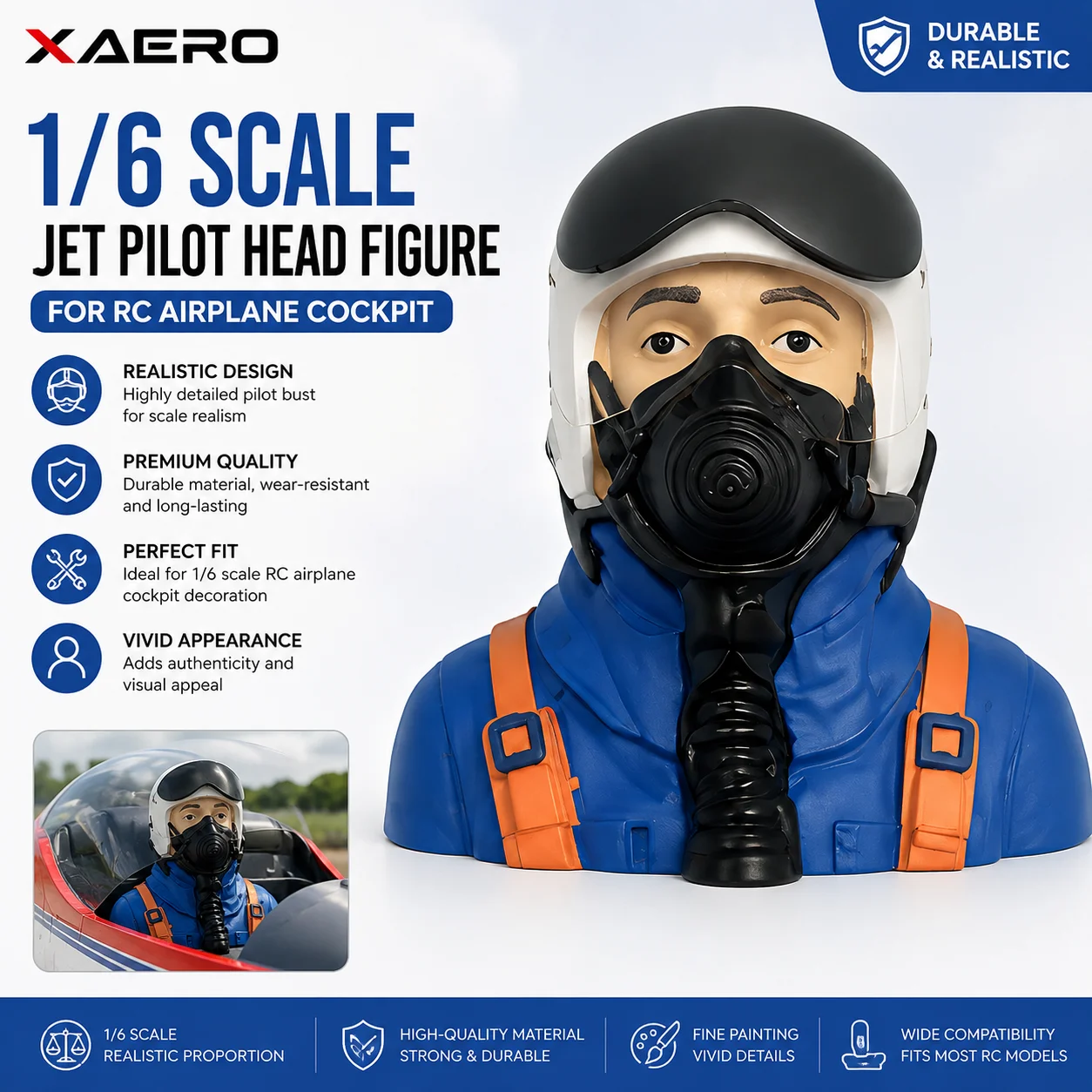 XAERO 1/6 Scale Blue Helmet Jet Pilot Head Figure for RC Airplane Cockpit