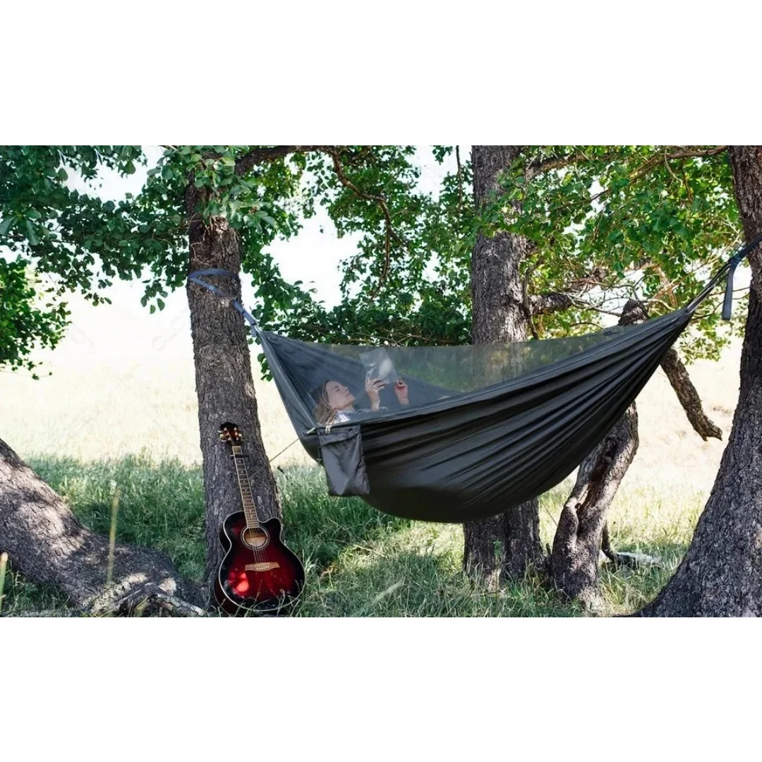 Hamaca Doble con Mosquitera, Fácil de Instalar, Tela de Paracaídas, Portátil, para Acampar, Playa, Jardín, Cama Colgante para Dos Personas