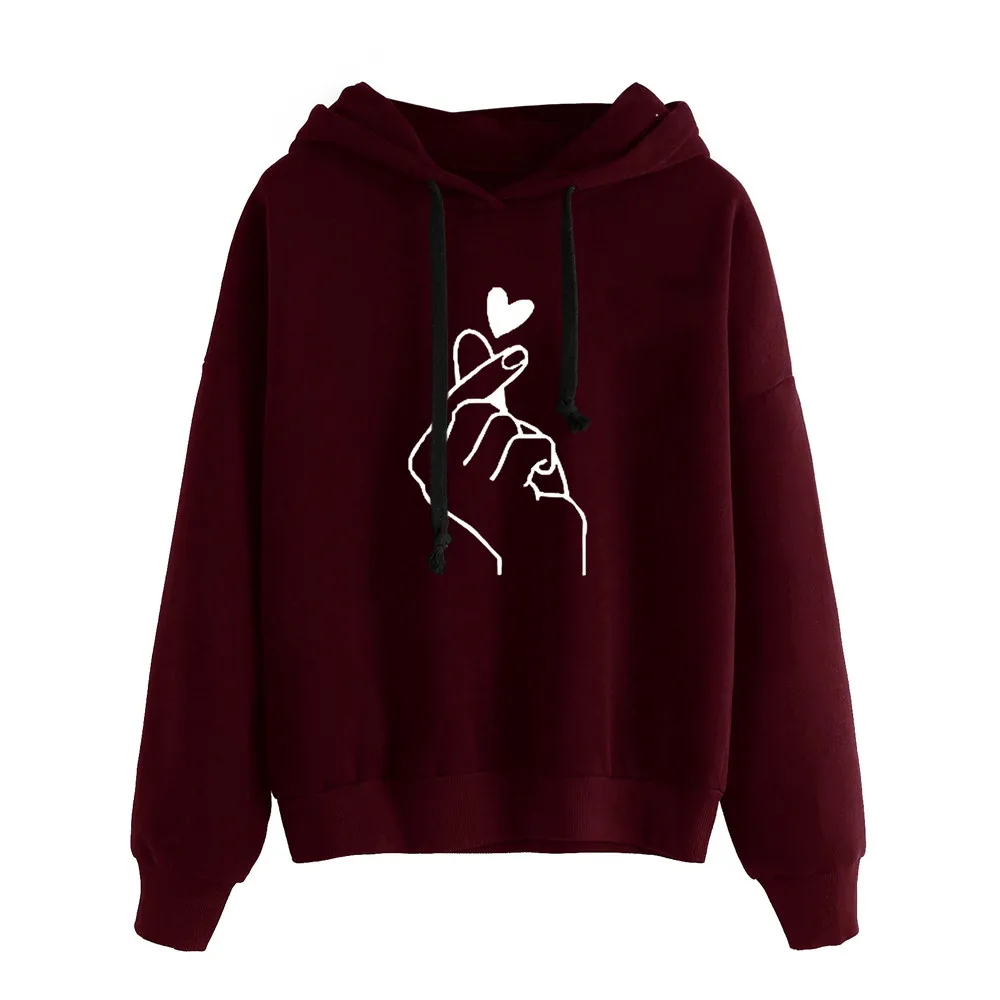 Tops Long Sleeve Heart Print Hoodie Blouse Women Jumper Hooded Pullover Women\'S Casual Drawstring Sweatshirt Female Clothing
