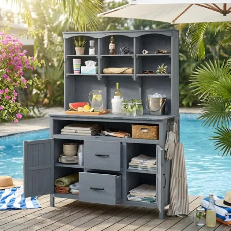Outdoor Potting Bench Table with Storage Hutch, Solid Fir Wood Potting Benches and Tables for Outside, Large Gardening Work Ben