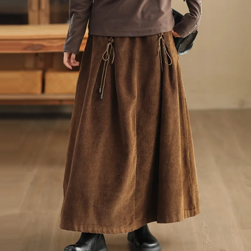 High Waist Corduroy Skirt Women New Arrival 2024 Autumn Vintage Style Solid Color Basics Female Casual Long Skirts B3967