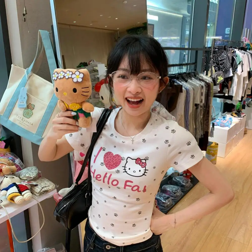 

T-Shirt Anime Sanrio Hello Kitty Cute Short Sleeves Tops Summer T-Shirt Kawaii Women Cotton Sexy Hot Girls Trend Fashion Tops