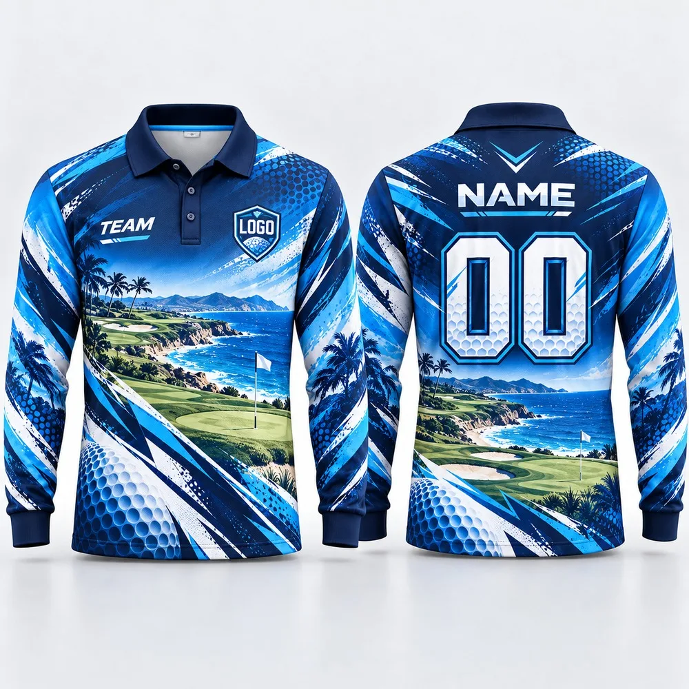 DIY Custom Golf Club Long Sleeve Polo Shirt for Men Name Number Logo Print Polyester Personalized Team Uniform Casual Outfit