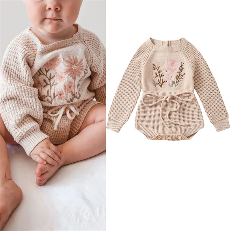 Newborn Baby Girls Waffle Sweater Rompers Flower Embroidery Cotton Long Sleeve Drawstring Infant Fall Toddler Clothes Jumpsuit