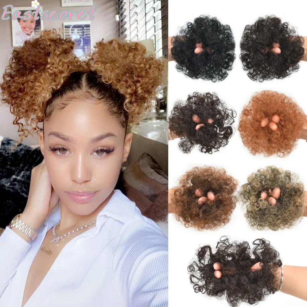 EAST Synthetic Afro Puff Hair Bun Short Puff Ponytail Extension For Kids Children DIY Puff Hair Bun For Daily Festival Wear