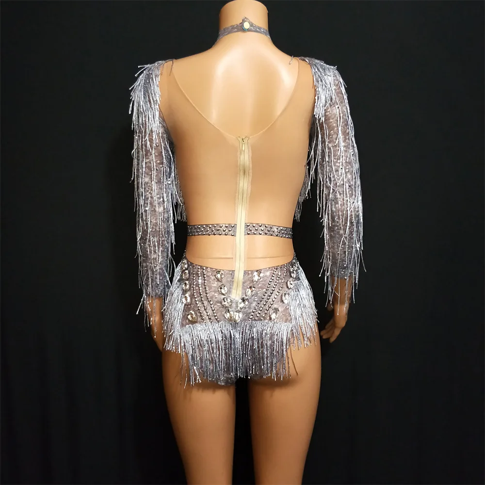 Sexy Shining Silver Tassel Women Bodysuits Jazz Dance Tight Stretch Rhinestones Long Sleeve Jumpsuit Stage Performance Clothes