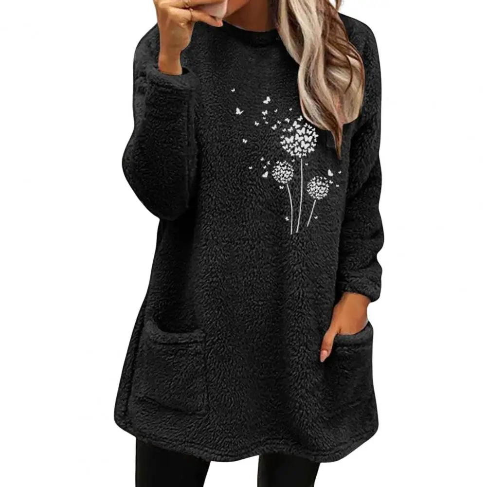 2022 Fall Winter Fashion Fleece Top Women Casual Long Sleeve Loose Homewear Tee Elegant O Neck Warm Solid Color Pullover Blouse