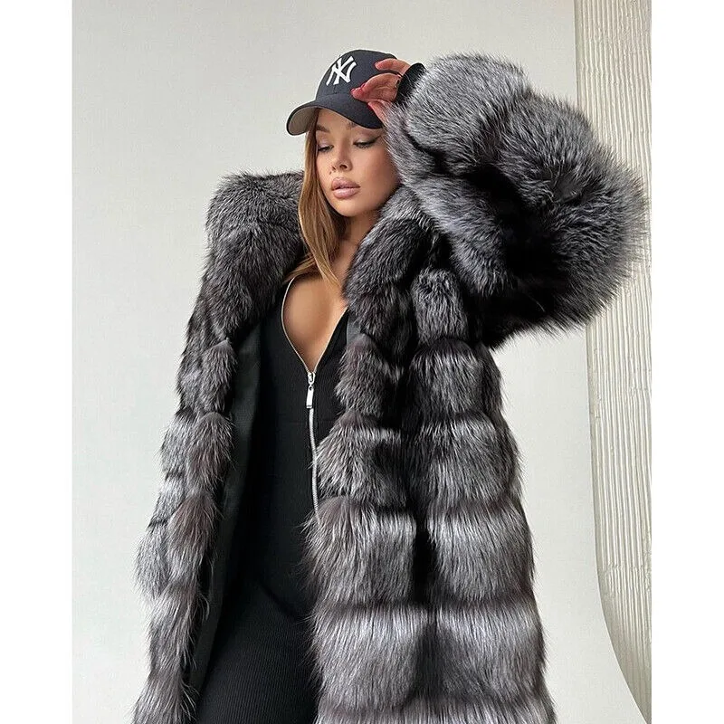 130cm New Women Real Silver Fox Fur Hood Long Overcoat Natural Fur Coat Jacket Winter luxurious authentic genuine fur coats