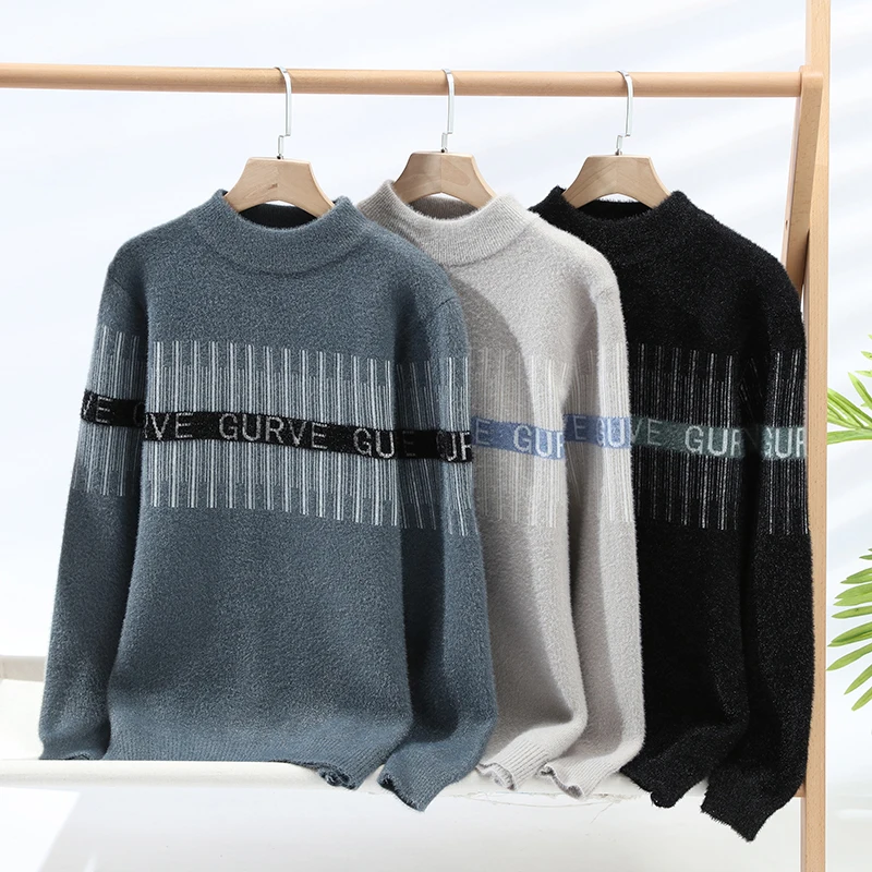 Men's New Crystal Mink Knitwear Fashion Vertical Stripe Letter Print Jumper Comfortable Sweater