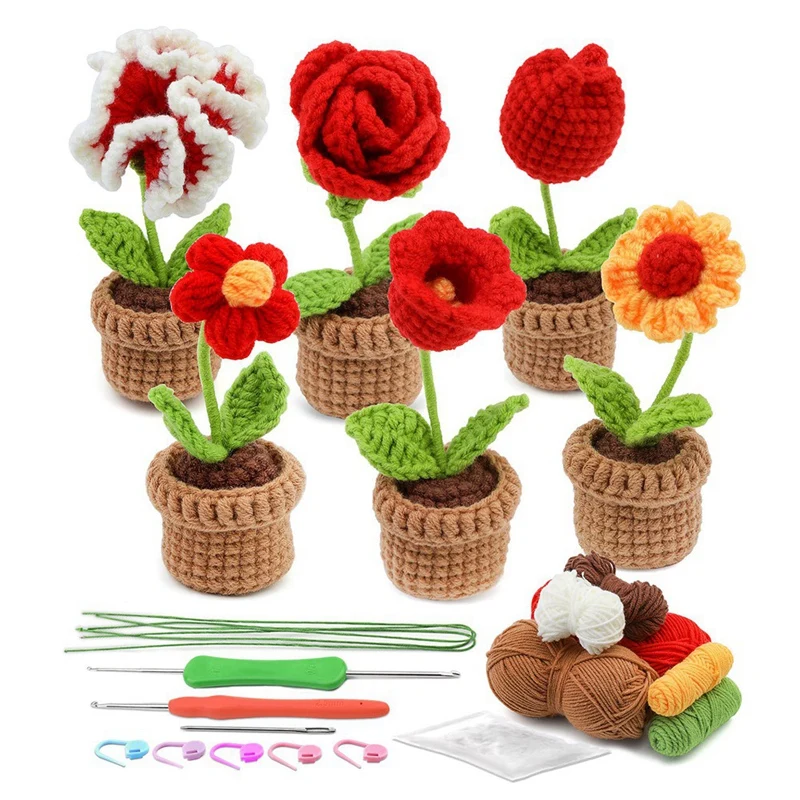 Complete Crochet Kit Accessories For Beginners,6 Pcs Crochet Potted Flowers Kit With Step-By-Step Instructions Video Tutorials