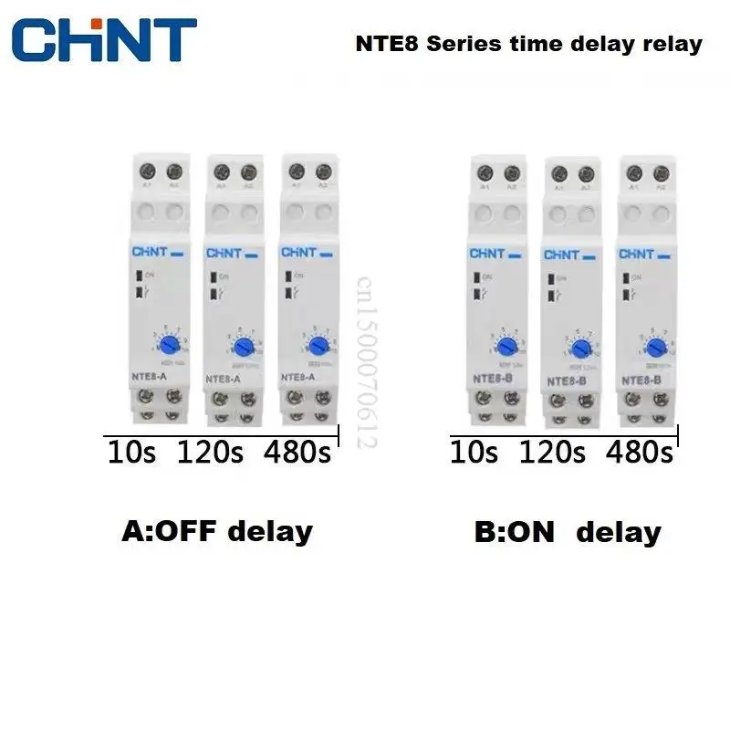 CHINT NTE8 Series Time Delay Relay Control Off Power On Delay 220V 24V NTE8-A NTE8-B 10S 120S 480S Din Rail Digital Timer Switch