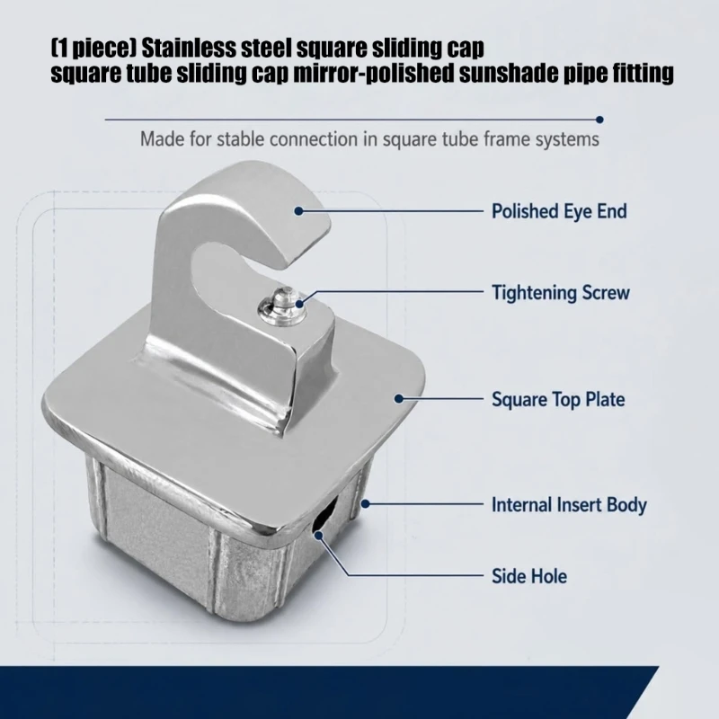 Internal Eye End Bimini Top End Cap,Awning Frame Repair Slide Cap Fitting, Stainless Steel Square Tube Insert Part with X37F